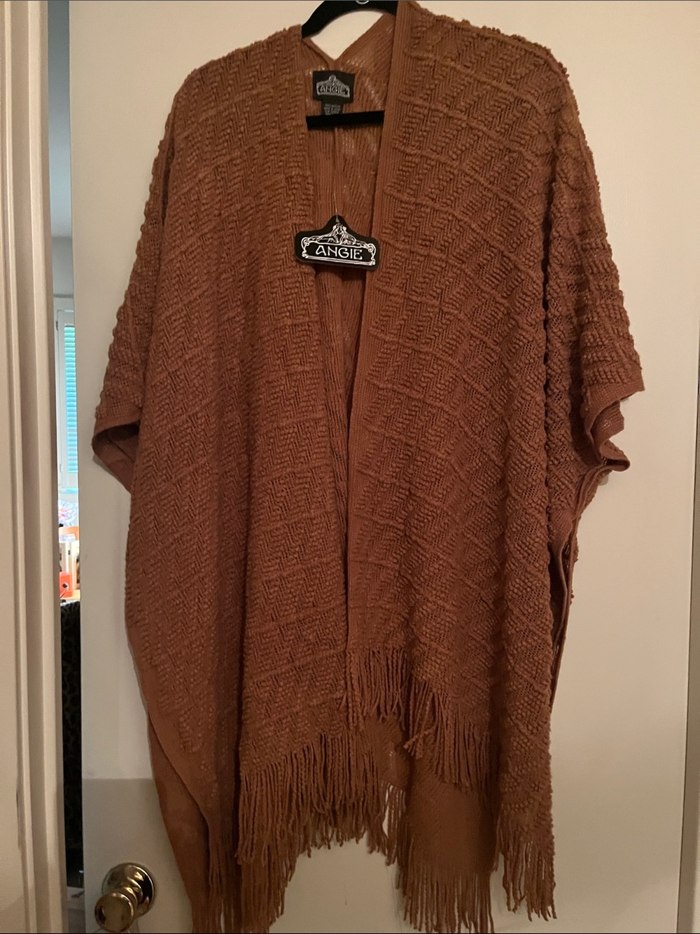 Angie Cozy Fringe Knit Wrap in Dark Camel